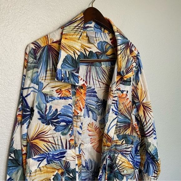 Chicos Jacket Women PMedium Linen Palm Print Snap Front Safari Roll Tab Sleeve - Picture 5 of 12